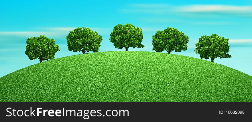Trees on the hill - this is a 3d render illustration. Trees on the hill - this is a 3d render illustration