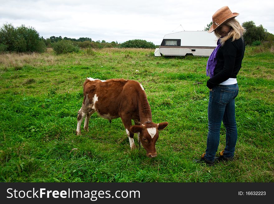 The beautiful girl and Calf, brown-white colour, grazes on glade, in hot, year day