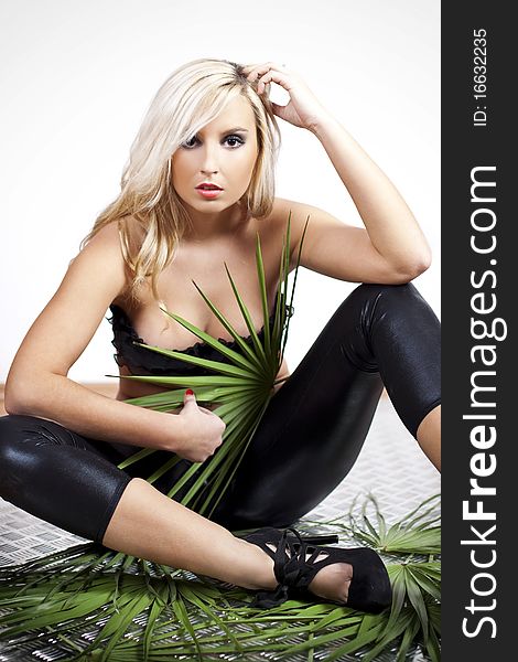 Beautiful young woman on steel background. Girl holding palm leaves. Beautiful young woman on steel background. Girl holding palm leaves