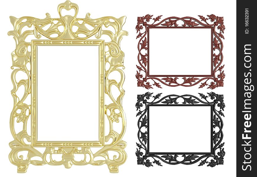 Decorative vintage and gold empty wall picture frames insert your own design, isolated, render/illustration. Decorative vintage and gold empty wall picture frames insert your own design, isolated, render/illustration