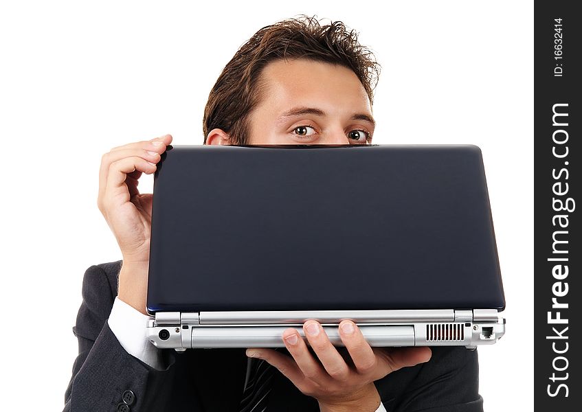 Businessman look out from laptop