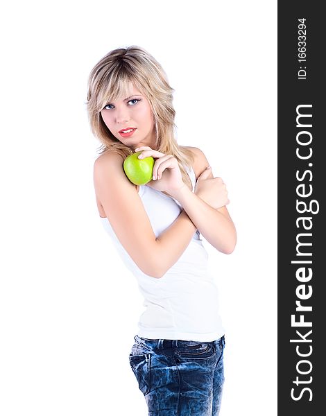 Young girl over white background with apple. Young girl over white background with apple