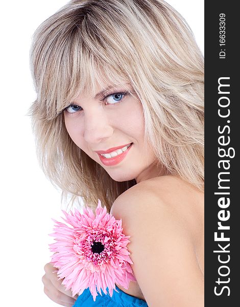Beautiful woman over white background with flowers