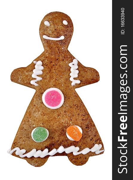 A Gingerbread Woman, isolated on white. Photographed in a studio.