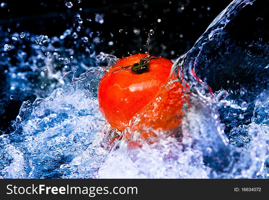 One red tomato and splash blue bubble water