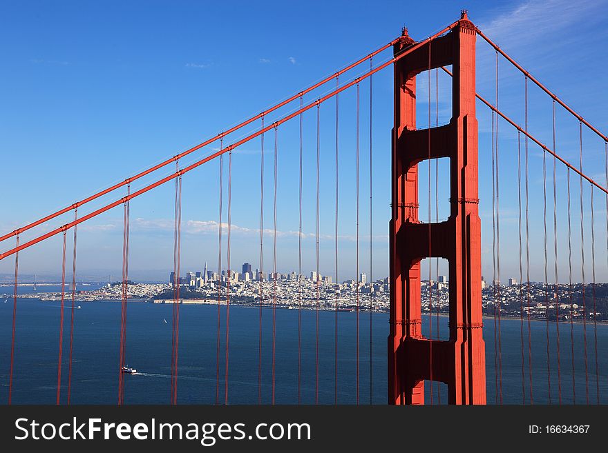 Golden gate bridge with blue sky and San Francisco at distance