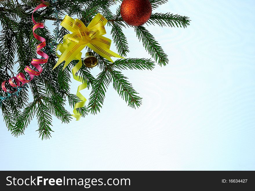 Firry bough decorated with X-mas adornments. Firry bough decorated with X-mas adornments.