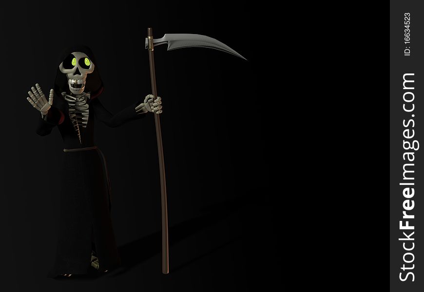 A smiling funny cartoon skeleton dressed as the grim reaper, holding a scythe and waving at you. A smiling funny cartoon skeleton dressed as the grim reaper, holding a scythe and waving at you.