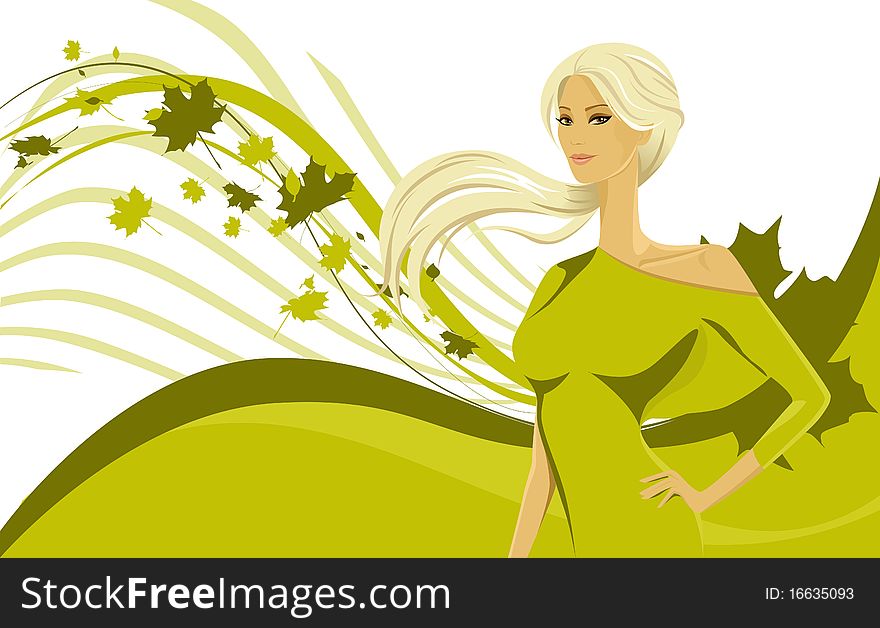 Girl and green abstract background with maple leaves