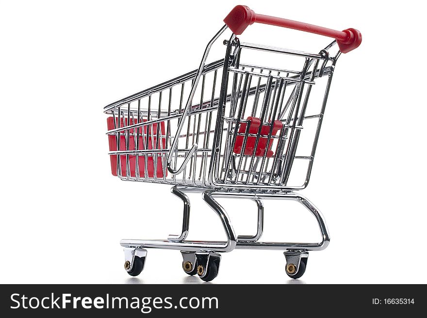 Empty shopping cart with the red handle on a white background.