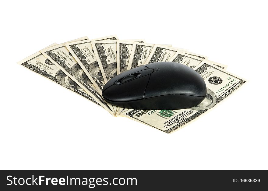 Wireless black mouse on dollars. Wireless black mouse on dollars