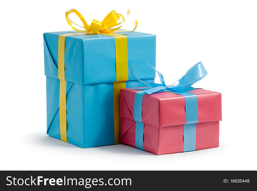 Color gift boxes on white background