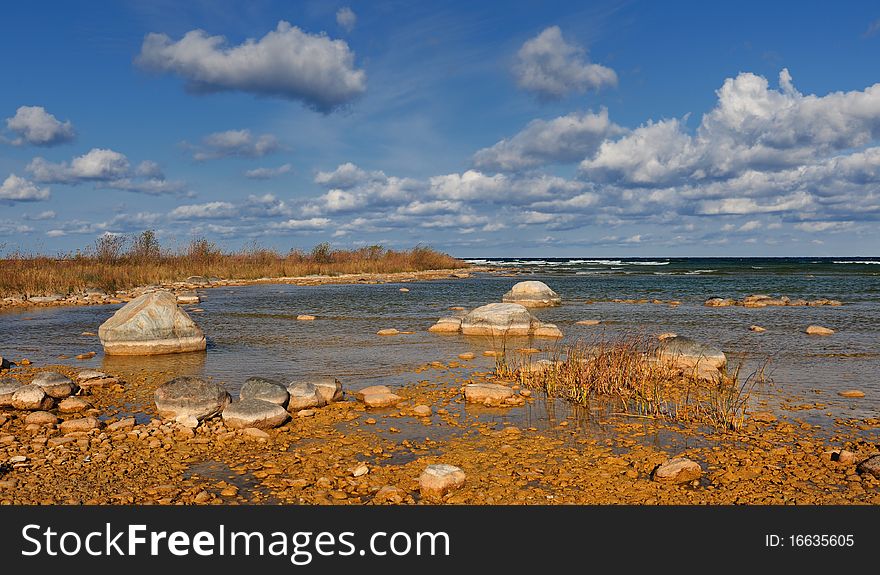Rocky shoreline of Lake Michigan in the Fishermans Island State Park near Charlevoix, Michigan