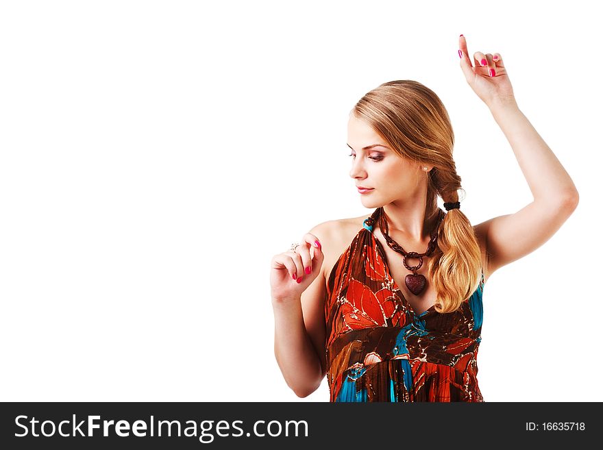 Charming young lady in colorful dress