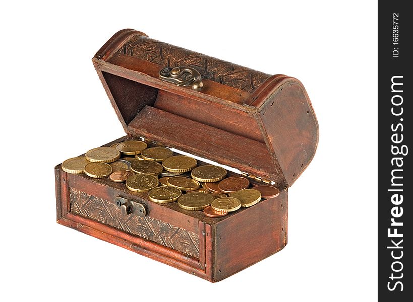 Wooden treasure chest with coins