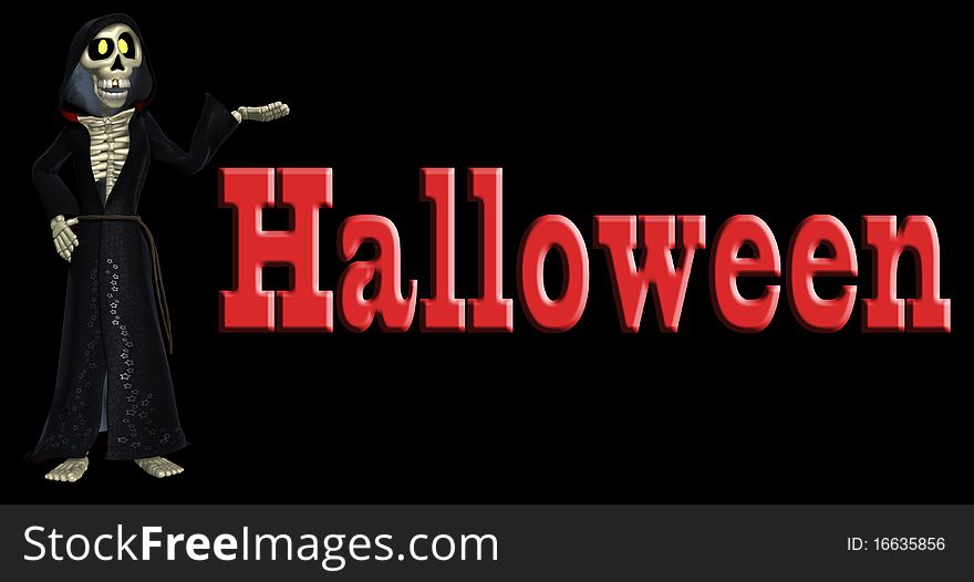 A cartoon representation of the Grim Reaper with a Halloween sign. A cartoon representation of the Grim Reaper with a Halloween sign.