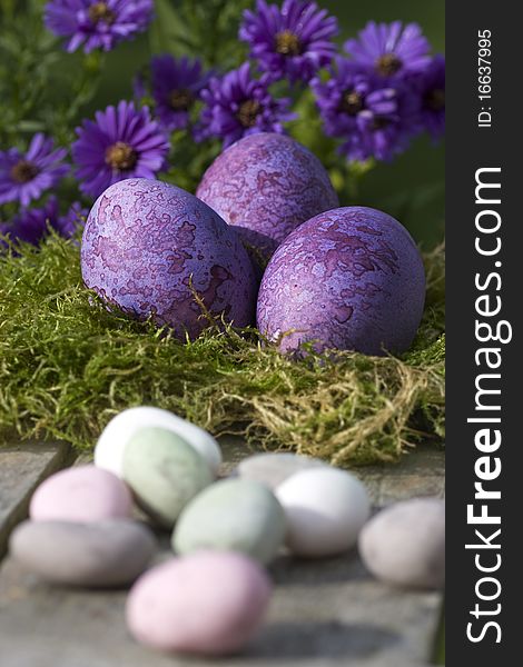 Easter eggs in pastel color in the nest