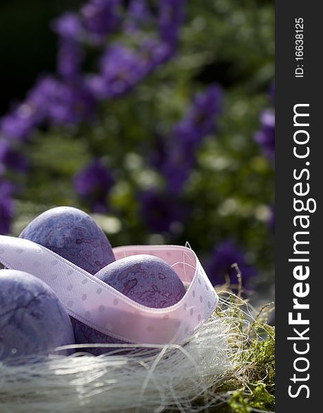 Easter eggs in purple with ribbon