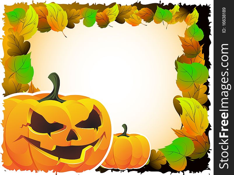Scary pumpkin face on a background of autumn leaves. Scary pumpkin face on a background of autumn leaves