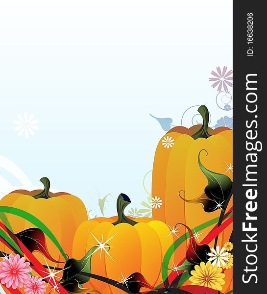 Three fabulous pumpkins on the sparkling floral background