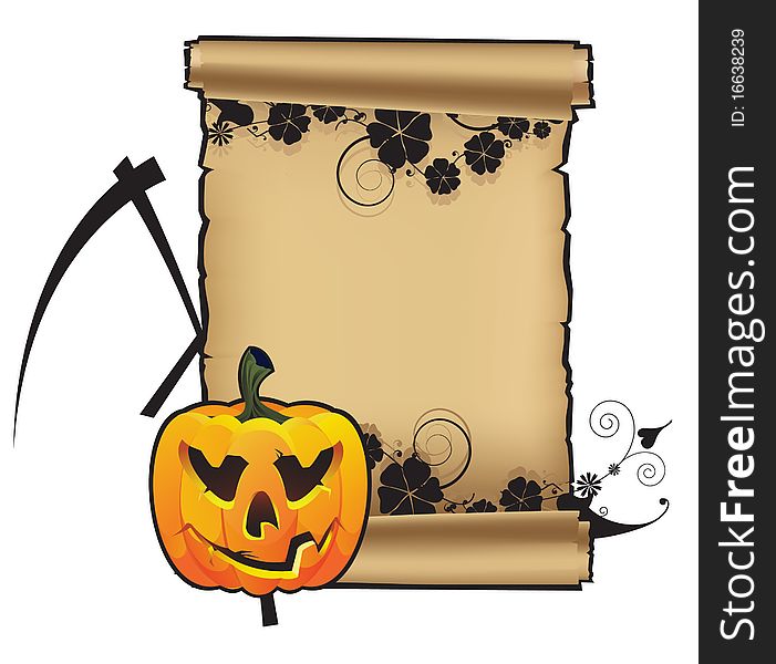 Pumpkin with a scythe on the background of the parchment scroll. Pumpkin with a scythe on the background of the parchment scroll