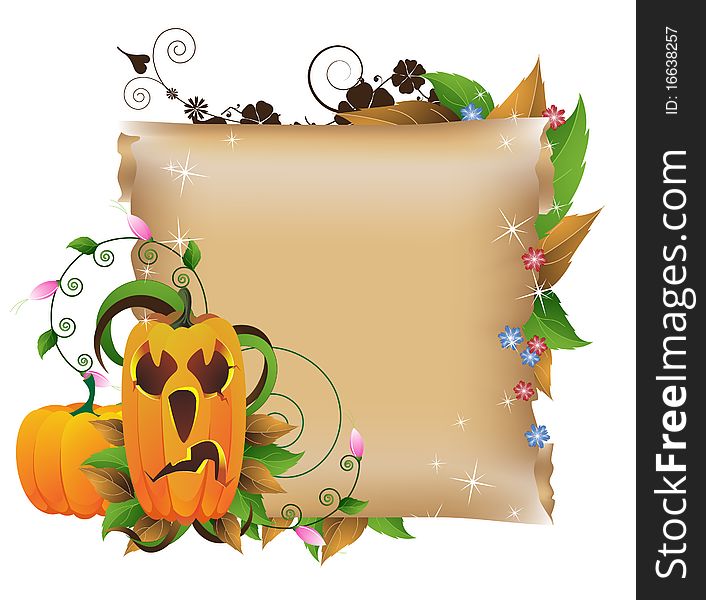 Jack O lantern on a background of flowers and ancient manuscript. Jack O lantern on a background of flowers and ancient manuscript