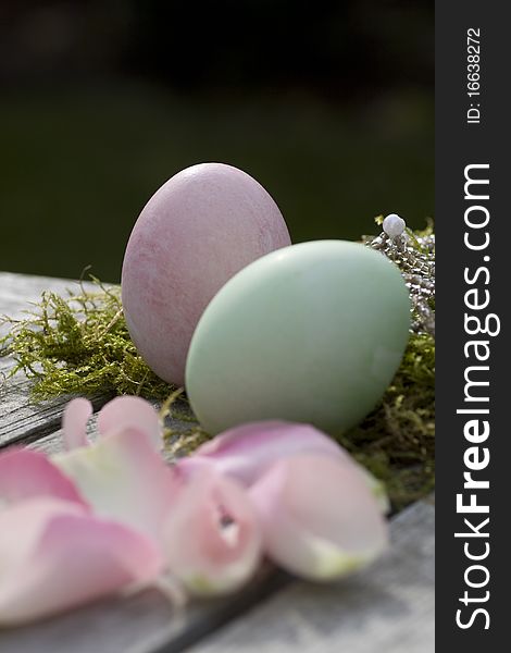 Two easter eggs in pastel with petals outdoor