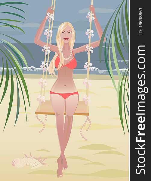 Girl on a swing. Beach. Vector illustration.