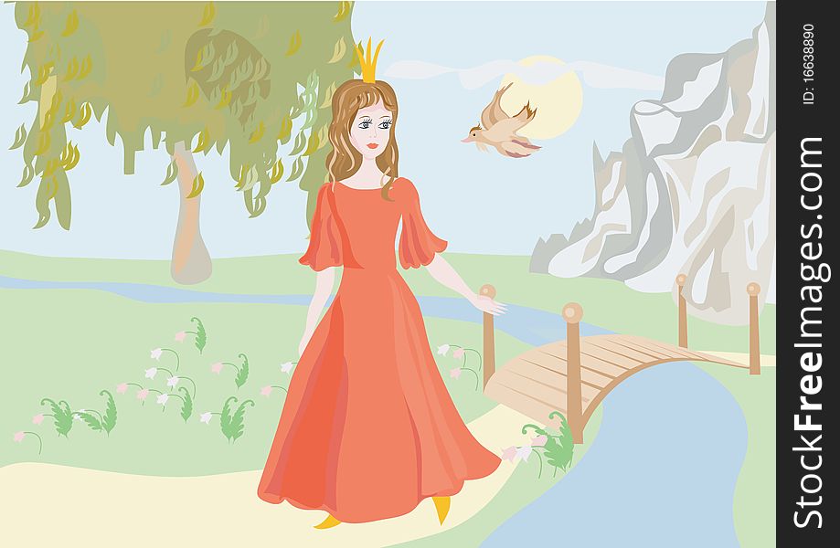 Princess with a bird. Tale. Vector illustration.