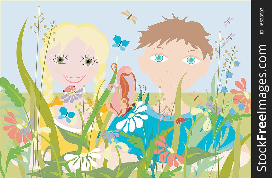 Children with flowers. Summer. Vector illustration. Children with flowers. Summer. Vector illustration.