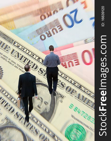 Dollar and Euro banknotes overlaid with businessmen. Dollar and Euro banknotes overlaid with businessmen