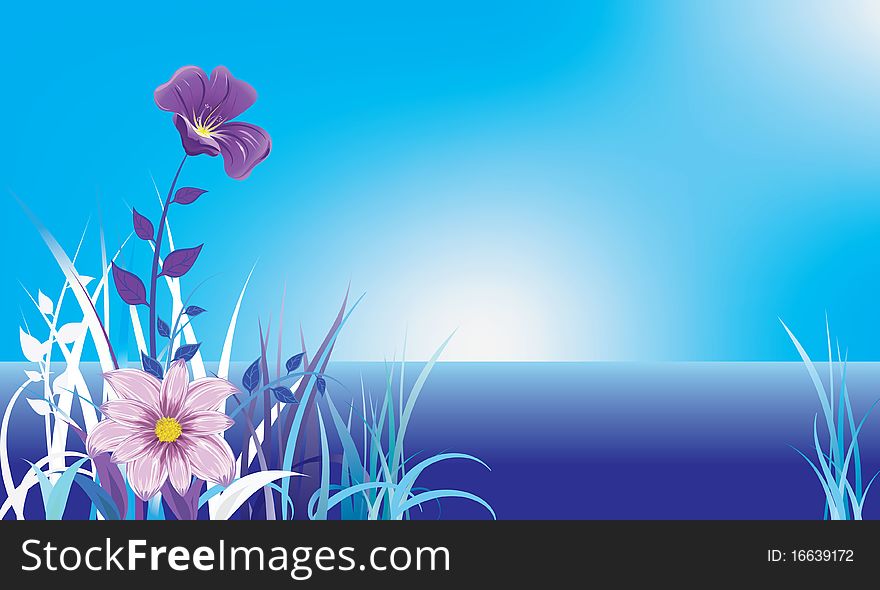 Flowers and grasses on blue landscape