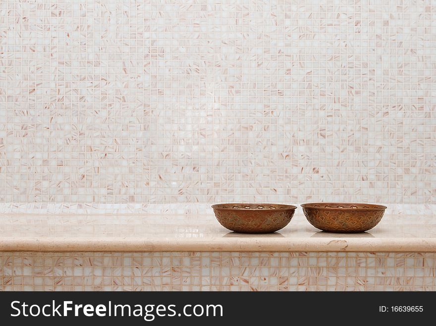 Two copper bowl in turkish bath. Two copper bowl in turkish bath