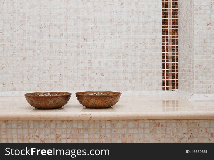 Copper bowls in turkish bath. Copper bowls in turkish bath