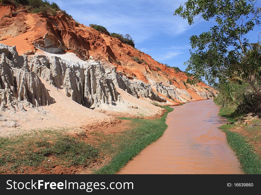 Red river between rocks and jungle