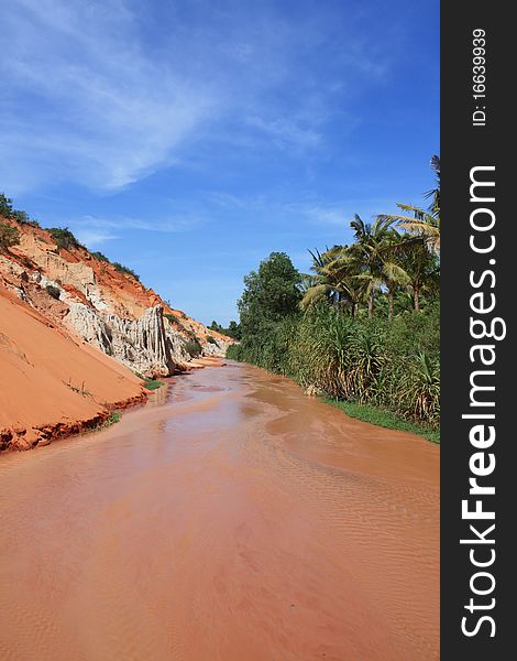 Red river between a sandy dune and the jungle