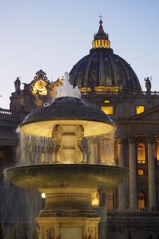 The St. Peter`s Basilica From The Granite Fountain In The Vatican City Royalty Free Stock Photography