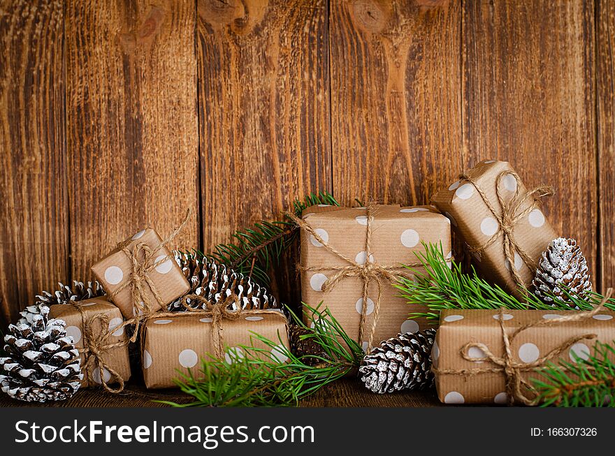 Christmas holidays composition on wooden background with space for text