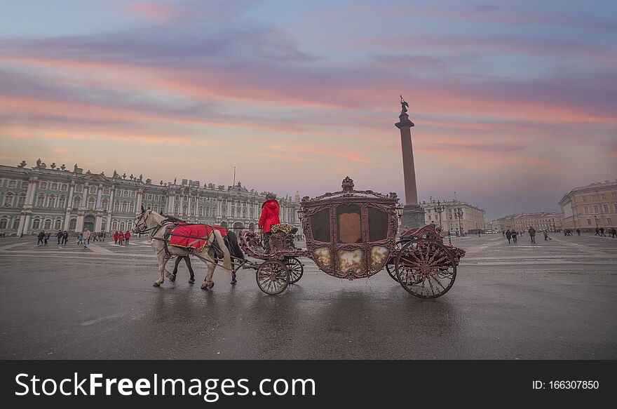 horse carriage on the background of the Winter Palace