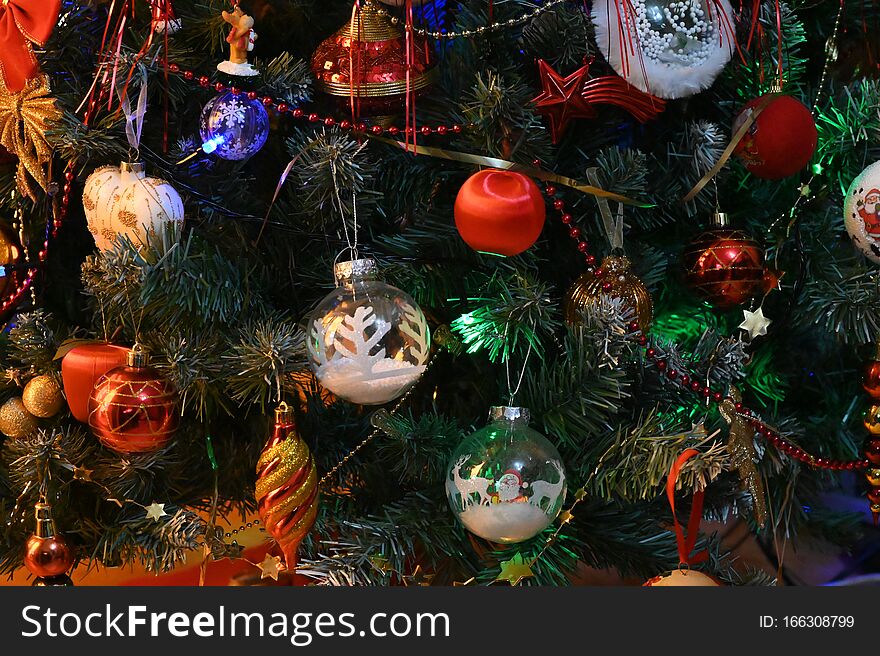 Very pretty colorful christmas decorations close up