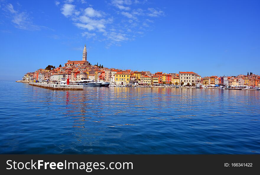 ROVINJ CROATIA 05 22 19: Church of St. Euphemia & Rovinj, Croatia situated on the north Adriatic. The town is officially bilingual, Italian and Croatian, hence both town names are official and equal. ROVINJ CROATIA 05 22 19: Church of St. Euphemia & Rovinj, Croatia situated on the north Adriatic. The town is officially bilingual, Italian and Croatian, hence both town names are official and equal.