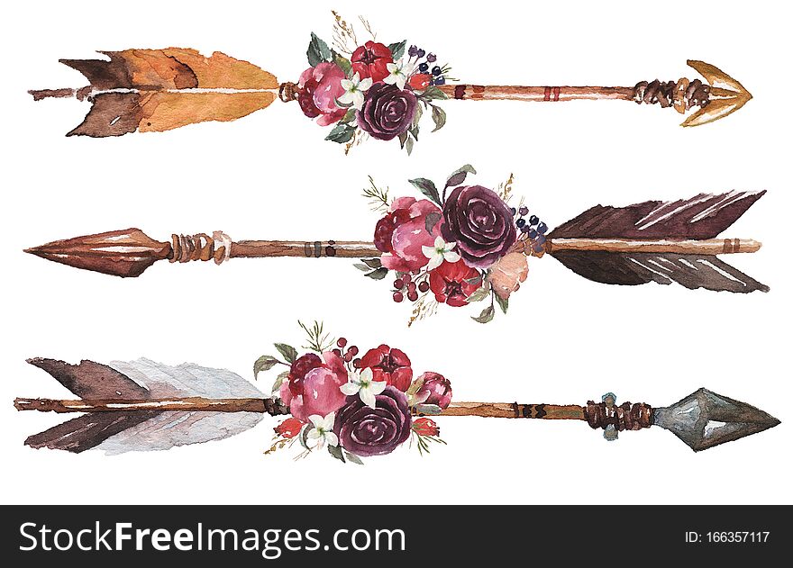 Watercolor ethnic boho set of arrows, feathers and flowers