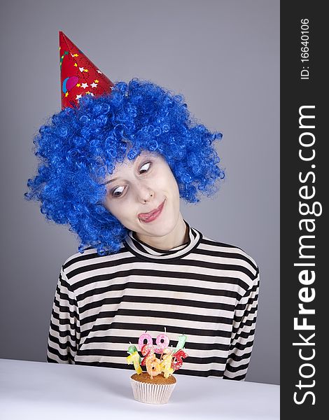 Funny Blue-hair Girl With Cake.