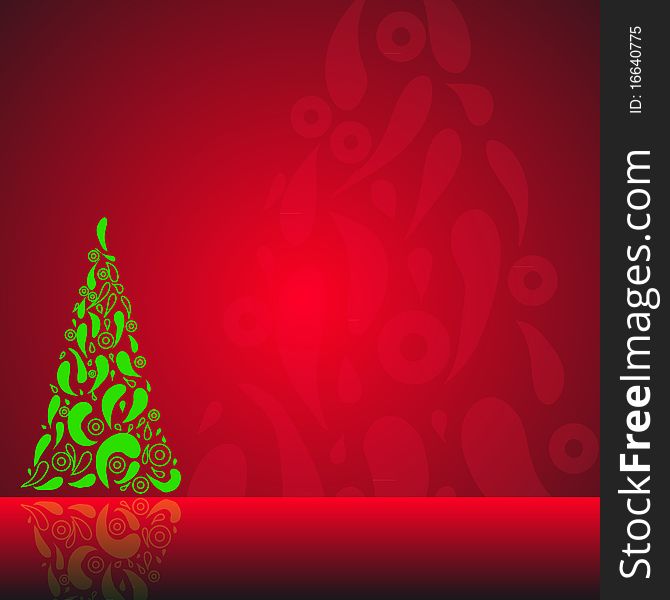 Red Christmas background with fancy tree. Vector.