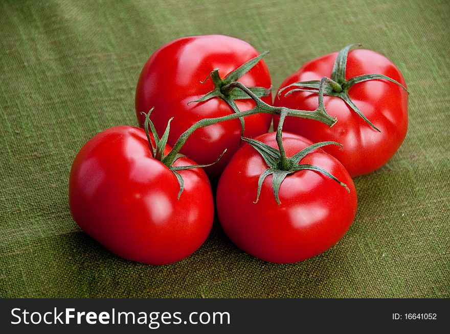 Four fresh red tomatoes on a steam sitting on a green napkin. Four fresh red tomatoes on a steam sitting on a green napkin