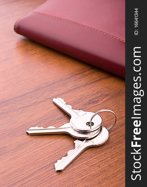 Keys close-up and brown leather purse. Keys close-up and brown leather purse