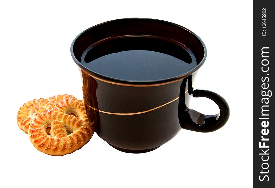 Black coffee with biscuits on a white background