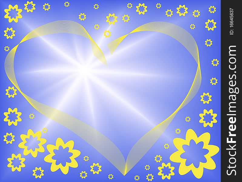 Abstract blue background with a yellow heart and lots of flowers. Abstract blue background with a yellow heart and lots of flowers