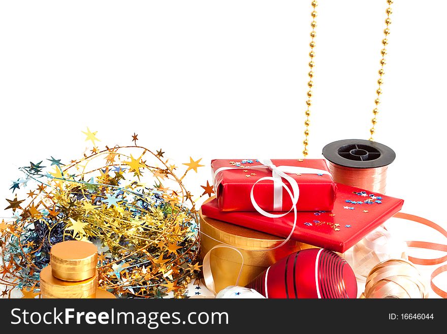 Christmas decorations with gift box on a white background. Christmas decorations with gift box on a white background.