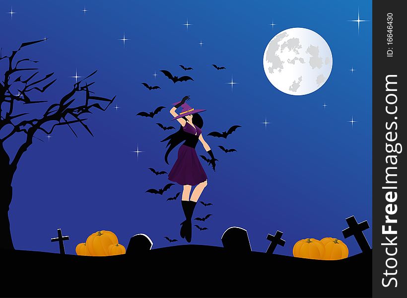 Illustration of the pretty witch on the cemetary